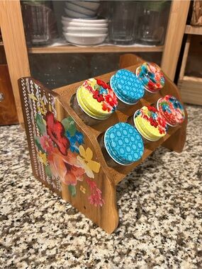 The Pioneer Woman Floral Wooden Spice Holder with Colorful Tin Lids